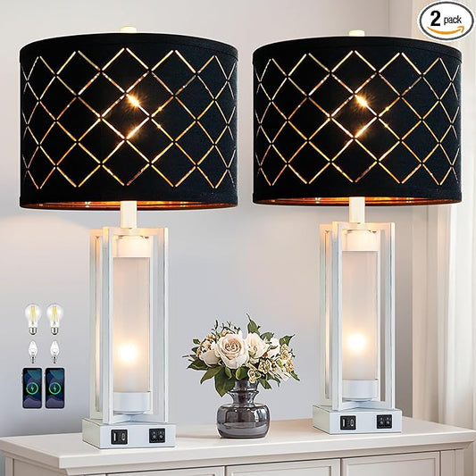 RORIANO 25" Set of 2 Farmhouse Table Lamps with USB C+A Ports, Rustic Retro Nightstand Lamps with White Night Light, Black Grid Shade, Desk Lamps for Bedroom Bedside, 4 Bulbs Included