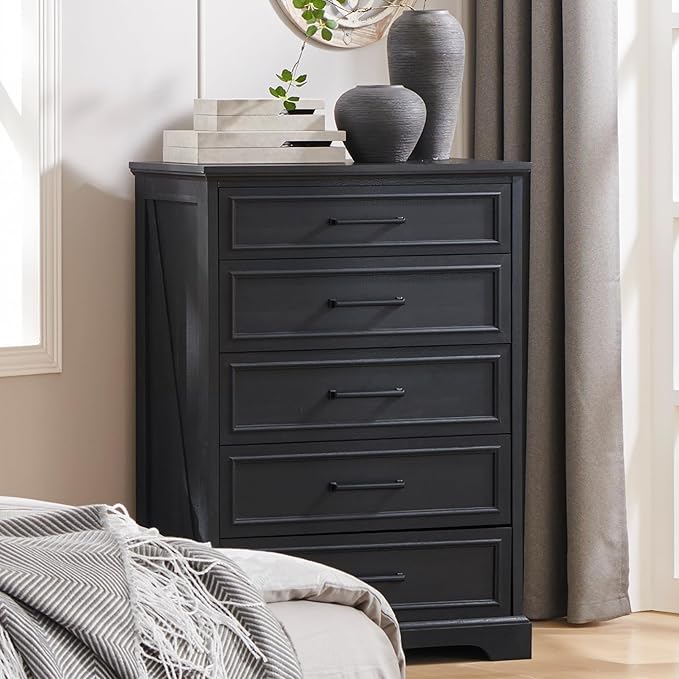 Farmhouse 5 Drawers Dresser Chests for Bedroom,46" Tall Wood Rustic Chest of Drawers with Wide Metal Handle,Natural Texture,Drawer Organizer for Bedroom,Living Room,Hallway and Entryway,Black