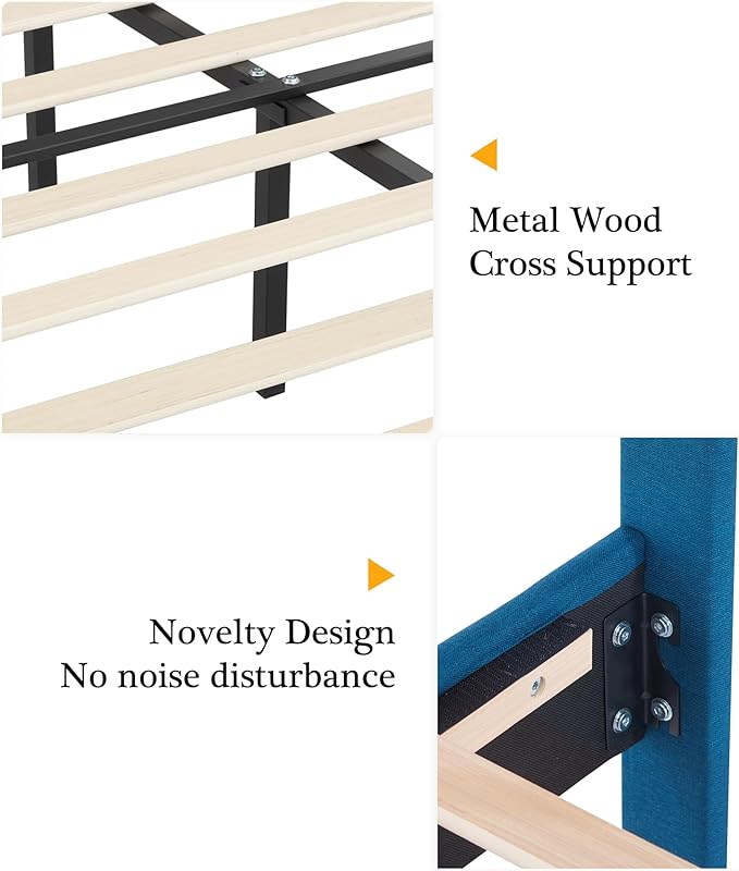 VECELO Queen Size Platform Bed Frame with Fabric Upholstered Headboard and Wooden Slats Support, No Box Spring Needed/Easy Assembly,Blue