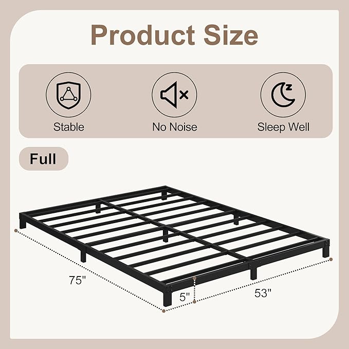5 Inch Low Bed Frame Full, Heavy Duty Full Size Bed Frame Low Profile, No Box Spring Needed, Easy Assembly, Noise Free, Black