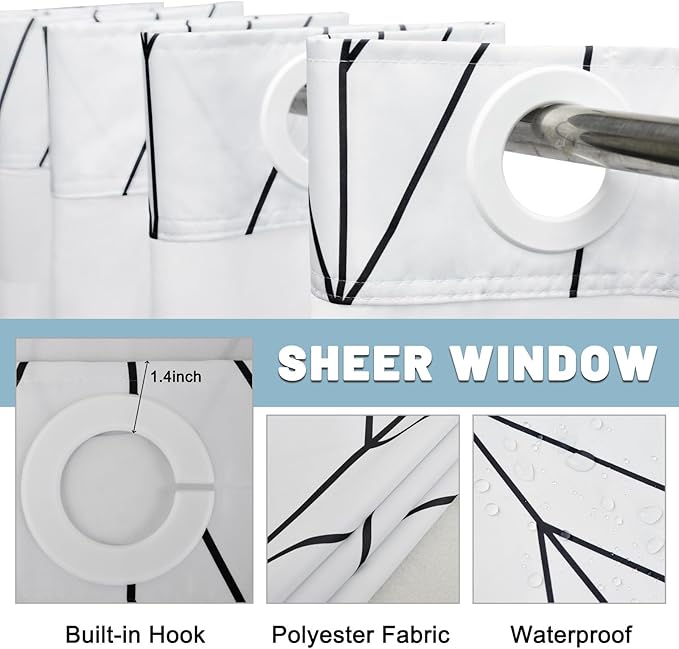 No Hook Geometric Striped Shower Curtain with Snap in Liner Set - Hotel Shower Curtain and Liner Set with See Through Mesh Top Window,Machine Washable, 71x74 INCH - Black White Chevron