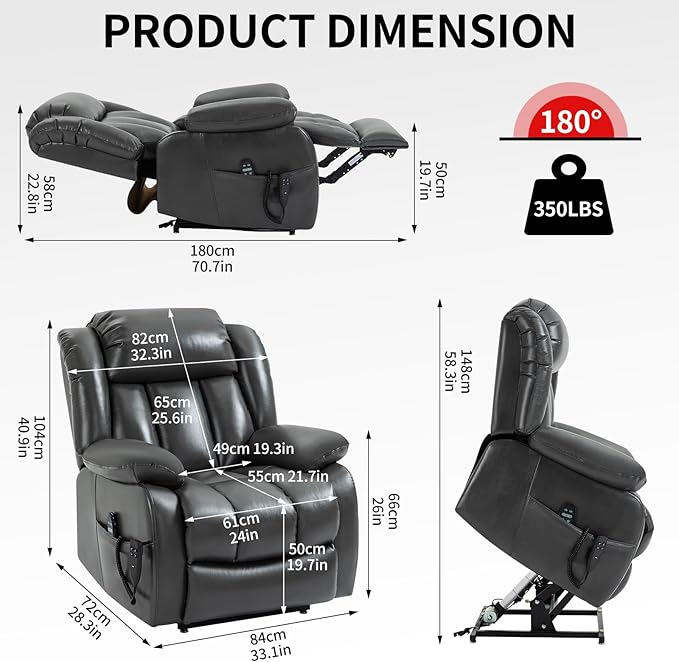 Dual Motor Large Recliner with Massage and Heat, Power Lift Chairs for Elderly, Breathable Leather Recliner Chairs for Adults with 2 Remote Controls, Dark Grey Big and Tall Recliner