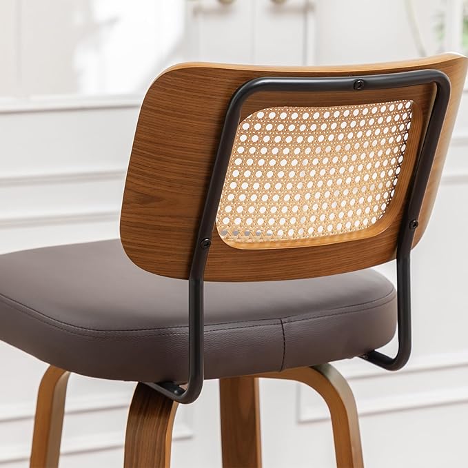 Bar Stools Set of 2 - 30 inch Rattan Swivel Bar Stools with Walnut Craftsmanship, Curved Rattan Back, Upholstered Seat, Mid Century Modern BarStools for Bar/ Pub/Island/Cafe (30" Seat Height, Brown)