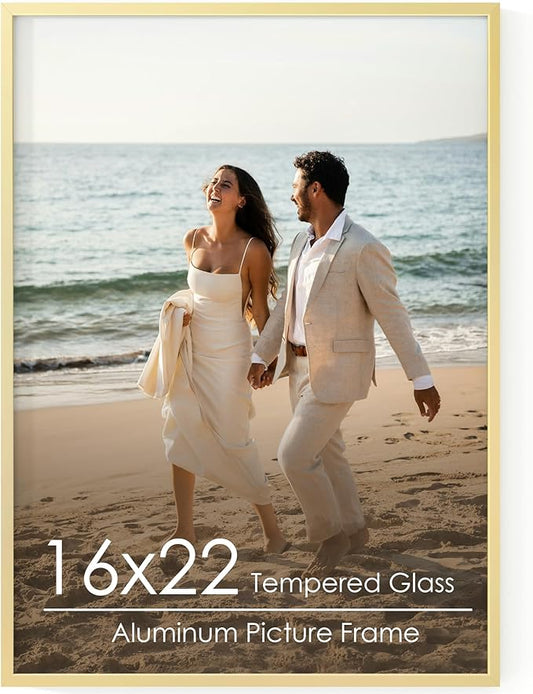 16x22 Metal Picture Frame - Gold Aluminum Picture Frames with Real Glass, Wall Mounting Horizontally or Vertically, Diploma, Certificates and Decor for Wall Gallery 22x16 Frame, Gold