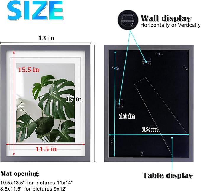 Egofine 12x16 Picture Frames with Plexiglass, Display Pictures 9x12/11x14 with Mat or 12x16 Without Mat for Wall Mounting,Dark Grey
