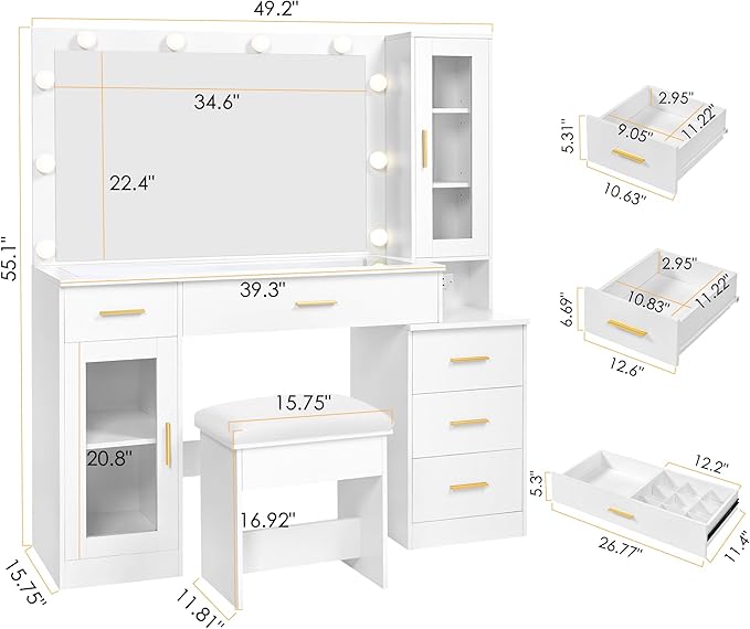 BEWISHOME 49.2" Large Vanity Desk with Mirror and Lights,White Makeup Vanity Table with Glass Top,Stool,Makeup Desk with Power Outlet,5 Drawers,Nightstand,Dressing Table for Bedroom Women FST34W