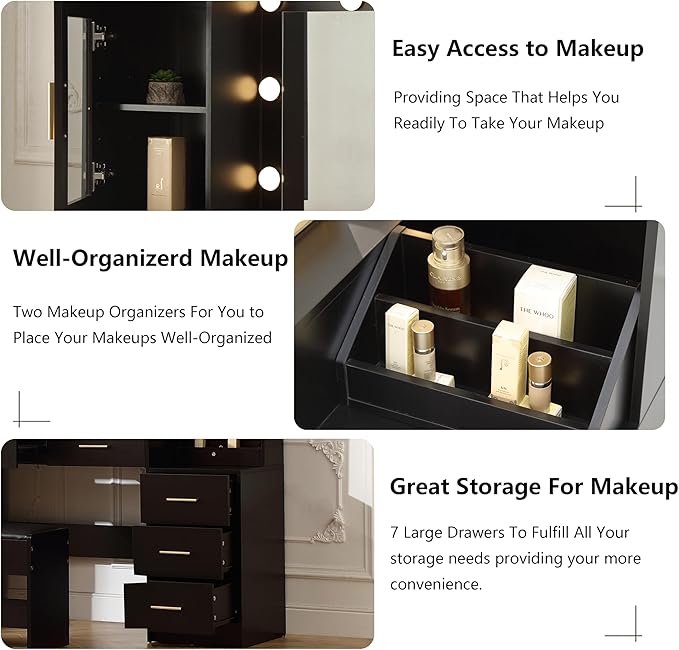 Extra Large Vanity with Folding Up Mirror and Lights,58.3'' Makeup Vanity Desk with Mirror and Lights,Outlet, Chair and Two Makeup Organizers,Dressing Table for Bedroom,Black