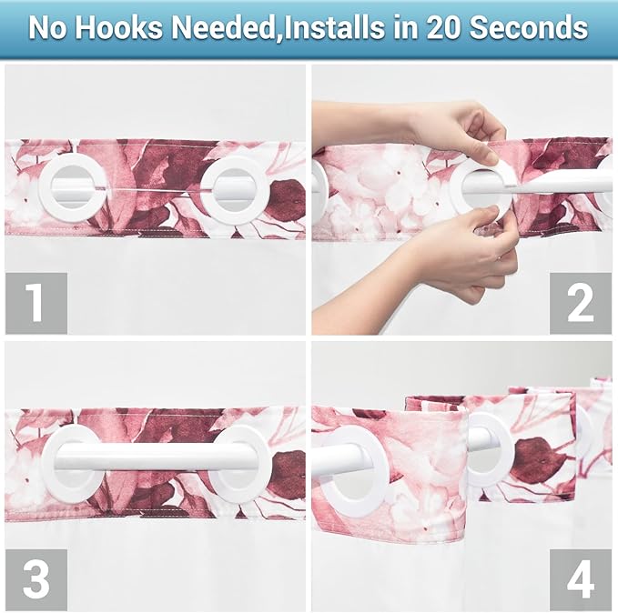 No Hook Shower Curtain with Snap in Liner - Eucalyptus Shower Curtain - Washable Waterproof Inner Liner, Plants Pink Leaves Modern Shower Curtains - Machine Washable, 71 x 74