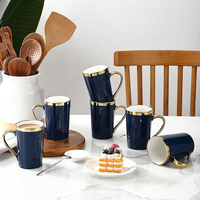 Coffee Mugs,12OZ Ceramic Coffee Mugs Set of 6,Cups with Large Handles for Men Women, Porcelain Big Mug for Tea Latte, Housewarming Wedding Gifts (blue and gold)