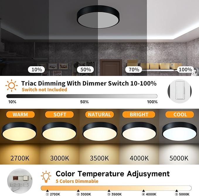 Black Flush Mount Ceiling Light 12 inch LED Dimmable Ceiling Lamp 24W 5CCT(2700K-5000K) Modern Close to Ceiling Light Fixture for Bedroom Foyer Kitchen Entryway Closet Hallway