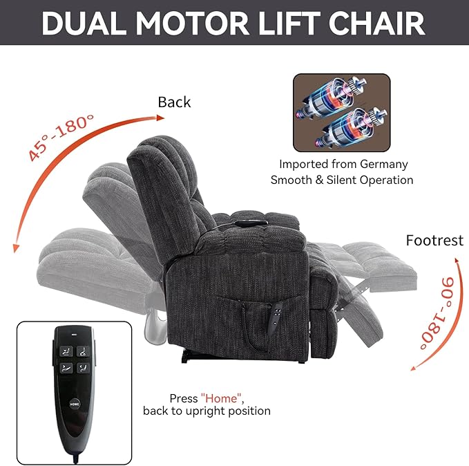 Power Lift Chair with Vibration Massage Heat for Elderly People, Dual Motor Electric Lay Flat Recliner Chair with Power-Remote, Standing Assistance Reclining, Chenille Dark Gray