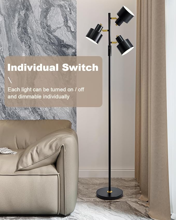 OYEARS Floor Lamp for Living Room Bright Lighting Tall Modern Industrial Vintage Standing Corner Lamps LED Metal Light Office Bedroom Study Gold Black Cream Matte Accent (3-Light, Black)