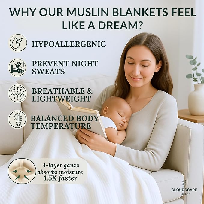 Extra Large 4 Layer Muslin Throw Blanket, 100% Cotton Blanket for Couch, Bed,Sofa, Home Decor,Pre-Washed Gauze, Best Summer Blanket, 50x70, White