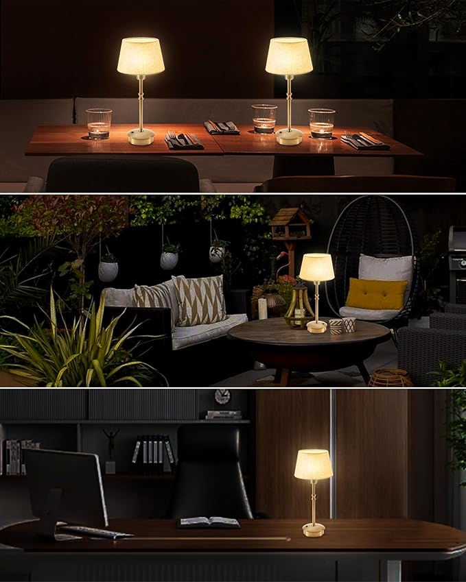 UMEXUS Small Cordless Lamp Rechargeable Table Lamps Set of 2, Dimmable Battery Operated Lights, Portable Accent Light for Side Table Restaurant Dining Outdoor, Beige Fabric Shade, Antique Brass