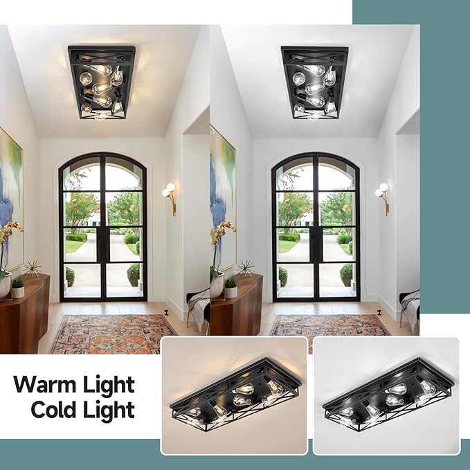 8-Light Large Flush Mount Ceiling Light Fixture, 31" Black Hallway Light, Metal Cage Closed to Ceiling Mounted Lights, Farmhouse Flush Mount Light Fixture for Bedroom Kitchen Hallway Entryway