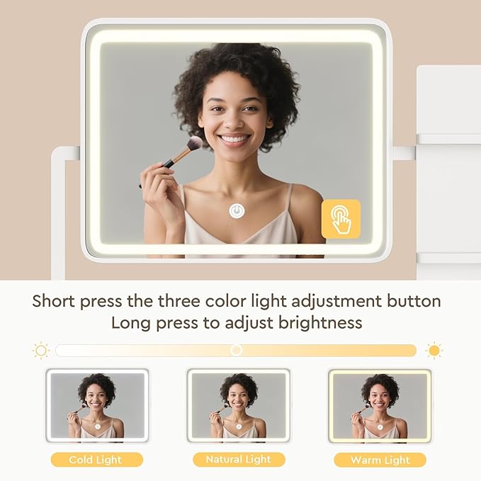 Makeup Vanity Desk with Mirror and Lights, Small Vanity with Fabric Storage Drawer & Chair & Shelves, White Compact Makeup Vanity Set for Bedroom