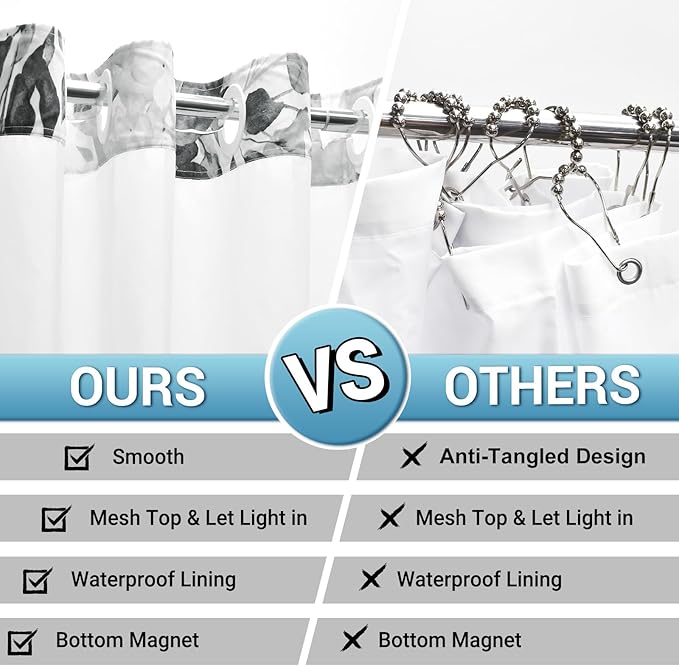 No Hook Shower Curtain with Snap in Liner - Eucalyptus Shower Curtain - Washable Waterproof Inner Liner, Plants Grey Leaves Modern Shower Curtains - Machine Washable, 71 x 80