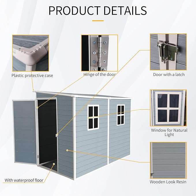 4x8 FT Outdoor Storage Resin Shed with Floor, Waterproof Plastic Garden Tool Shed with Windows, Vents & Lockable Door and Sloped Roof, Easy to Assemble Bike Shed for Patio, Backyard, Lawn, Grey