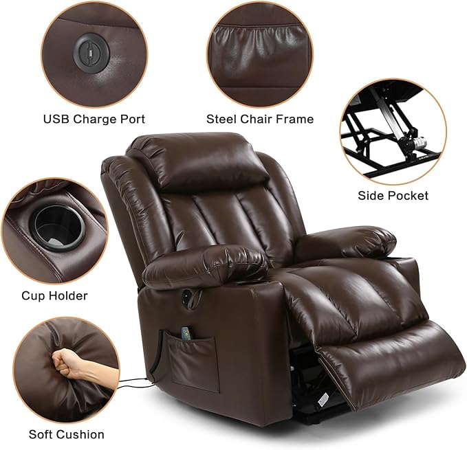 Power Lift Recliner Chair for Elderly Breathable Leather Recliner Chair with Massage and Heat for People Limited Mobility,2 Cup Holders,Electric Stand Assist,USB Ports,Gifts for Family (Brown)
