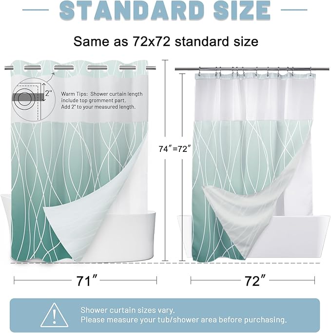 No Hook Ombre Teal Striped Shower Curtain with Snap in Liner Set - Hotel Shower Curtain and Liner Set with See Through Mesh Top Window,Machine Washable, 71x74 INCH