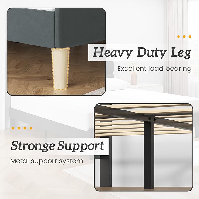 Full Bed Frame, Platform Bed Frame with Velvet Upholstered Headboard, No Box Spring Needed, Sturdy Metal Support, Noise Free, Easy Assembly, Modern Bedroom Furniture, Grey