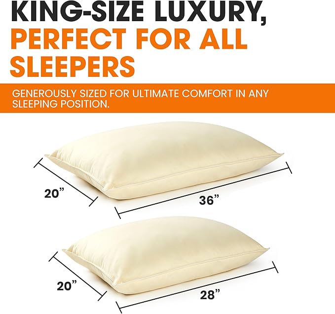 Cheer Collection Set of 2 Organic Kapok Bed Pillows, Natural Kapok Fiber Filled Sleeping Pillows with Breathable Cotton Shell, King Size, 20 x 36 inches