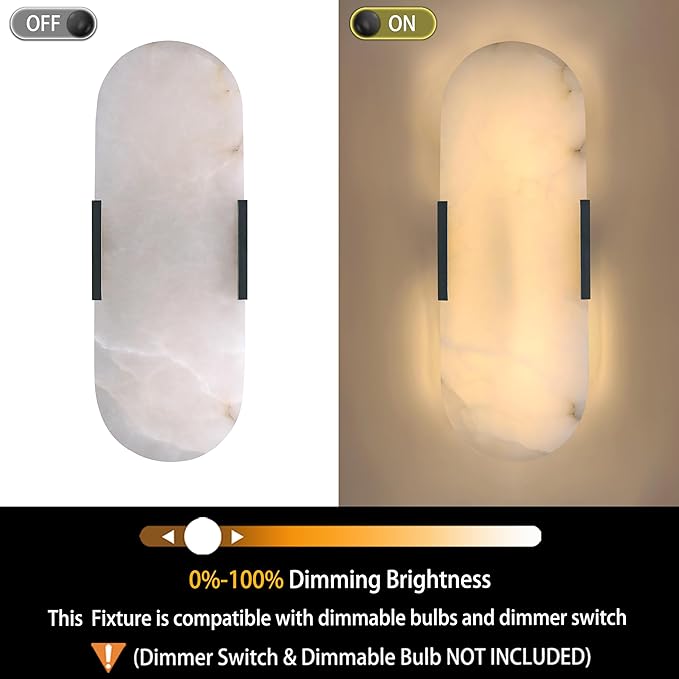 2 Light Natural Oval Alabaster Marble Bathroom 15 Inch Wall Sconce Modern Concise Style Wall Light Fixtures,Dark Gray Finish for Bedroom Hallway Bedside Living Room