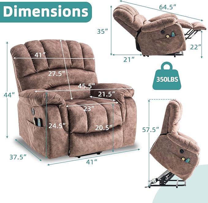 MEETWARM Large Power Lift Electric Recliner Chair with Massage and Heat, Overstuffed Wide Recliner for Elderly Big People, Plush Fabric Recliners with 2 Remote Controls, USB Ports, Side Pockets（Brown）