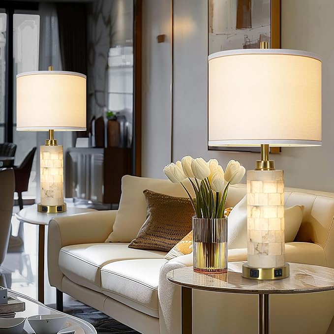 27" Alabaster Lamp,Table Lamps for Living Room Bedroom,Nightstand Lamps Set of 2 with Night Light,Bedroom Lamp with Linen Shade,Gold Table Lamp with USB A+C Ports for Bedside (Bulbs Included)