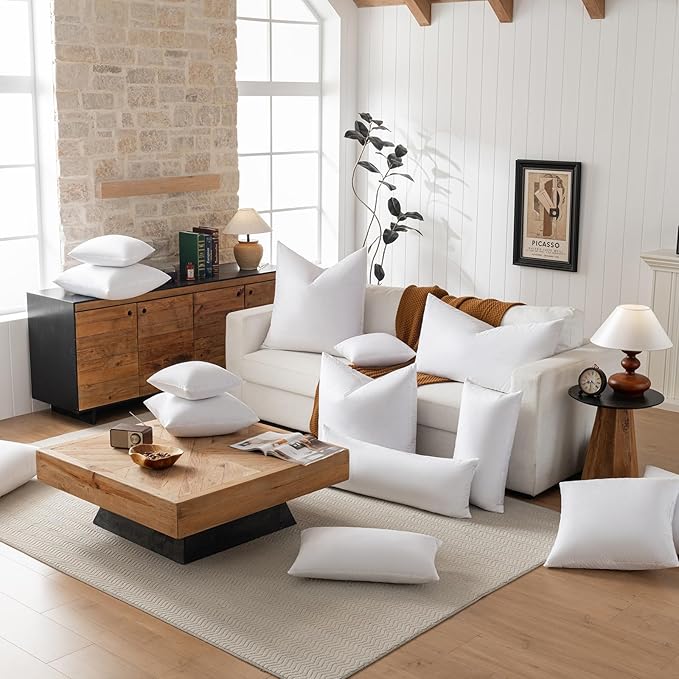 14x14 Decorative Throw Pillow Inserts-Down Feather Pillow Inserts-Square-Cotton Fabric-Set of 2-White.