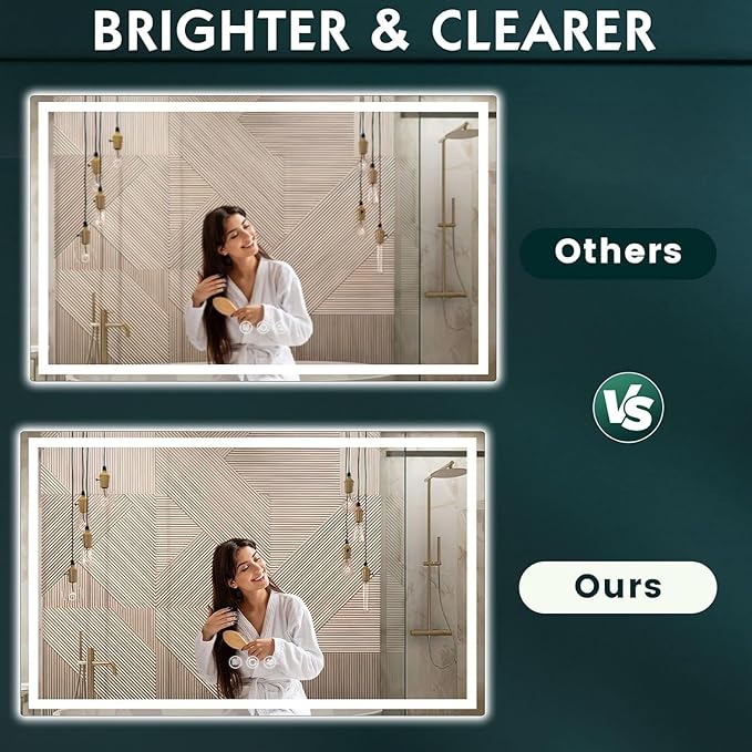 LED Mirror for Bathroom 36"x 60" with Frontlit and Backlit, Anti-Fog Mirror with Lights, Stepless 3 Colors Temperature & Dimmable Bathroom Mirror
