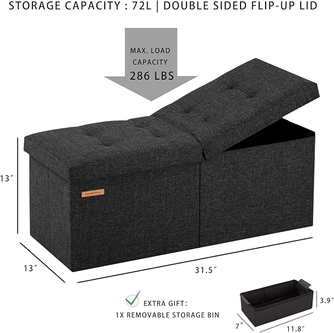 HAUSFRAU 31.5 Inches Ottoman with Storage, Folding Ottoman Bench Small Foot Rest Stool, Bedroom Bench with Flipping Lid, Linen Black
