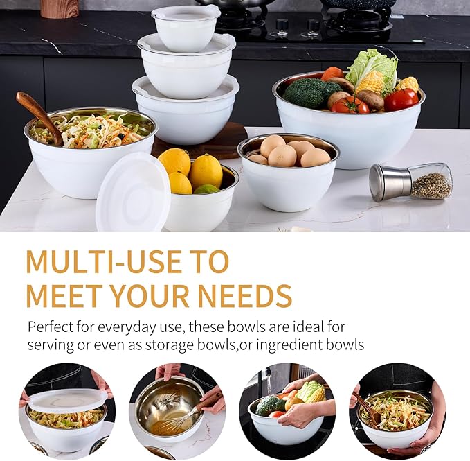 White Mixing Bowls With Airtight Lids,Stainless Steel Bowl,Salad Bowls 7 Piece Colorful Nesting Bowl White Kitchen Accessories,Size 7,3.6,2.7,2.1,1.5,1.1,0.8QT Stackable Design