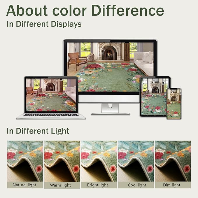 8'x10' Washable Rugs for Living Room, Soft Lightweight Non Slip Stain Resistant Dining Room Vintage Boho Floral Green Rug Easy Clean Throw Carpet for Bedroom