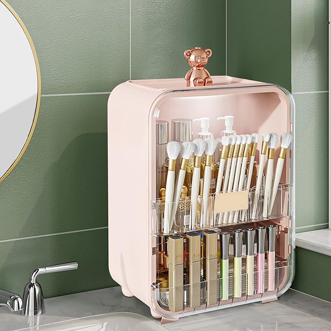 Ergocar Portable Pink Bear Series Multi-Function Make Up Case Dustproof Cosmetic Storage Box, Cosmetics Skin Care Products Jewelry Organizer Case Lipstick Box With LED Light - Pink