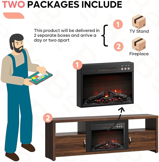 Bestier 70" Electric Fireplace TV Stand for TVs Up to 80", Modern Fireplace Entertainment Center with Storage Cabinets, LED Lights, Open Shelves and Cable Holes for Living Room, Walnut