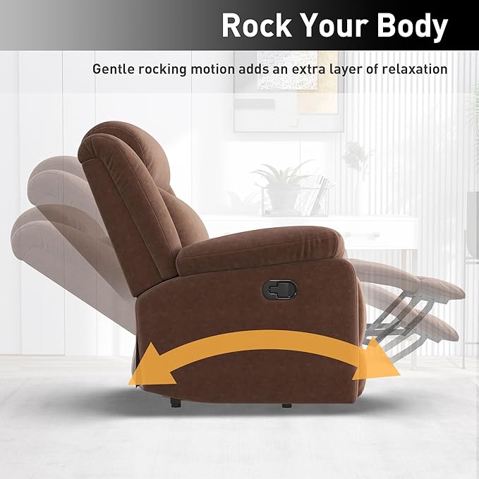 Bonzy Home Rocker Recliner Chair for Adults, Overstuffed Manual Rocking Recliner, Fabric Upholstered Single Sofa for Living Room, Brown