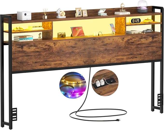 Aheaplus Headboard for King Size Bed with Storage, Headboards with LED Light, Power Outlets, USB Ports King Size Head Board, Wood headboard Only Sturdy and Stable Headboards, Modern, Rustic Brown