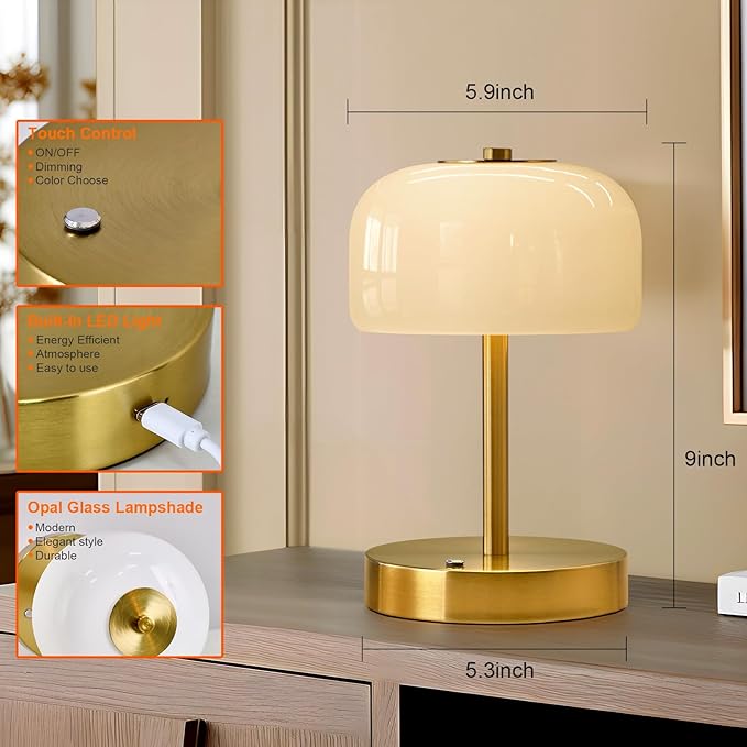 PORTRES Cordless Table Lamp Rechargeable Battery Operated Mushroom lamp Opal Glass Shade 3 Way Dimmable LED Touch Outdoor Lamp for Camping Bedroom Dining Living Room Beside Patio Restaurant,Gold