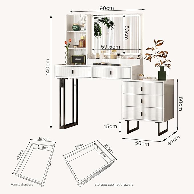 Large Vanity Desk with 3 Color Touch Screen Dimming Mirror, Vanity Desk with Charging Station, Modern Retractable Makeup Dressing Table, Vanity Table With storage shelves and 5 Sliding Drawers, White