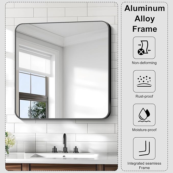 KOCUUY 30"x30" Square Rectangle Vanity Mirror, Black Metal Frame Mirror with Rounded Corner, Modern Design of Upgraded Shatterproof Glass for Bathroom, Bedroom, Living Room, Entryway