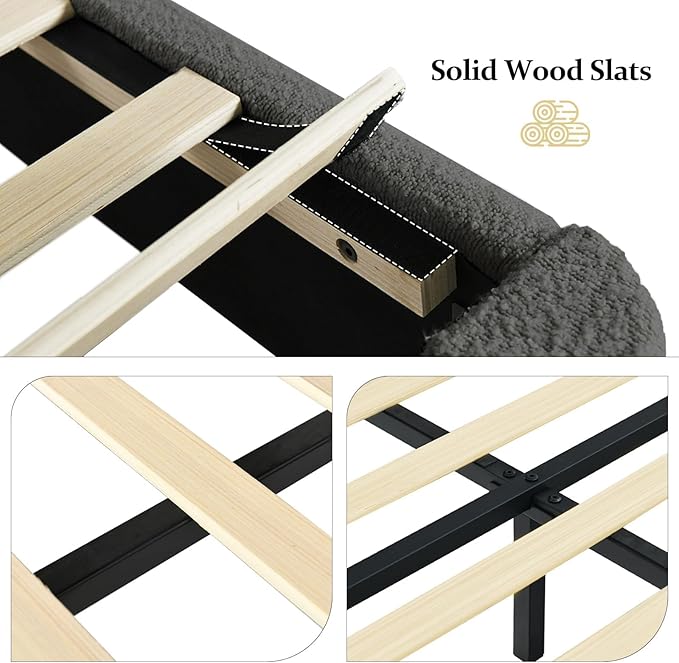 King Bed Frame, King Size Upholstered Platform Bed Frame with 56" Headboard, Soft Boucle Fabric, Mid-Century Modern Design, No Box Spring Required, Easy Assembly, Grey