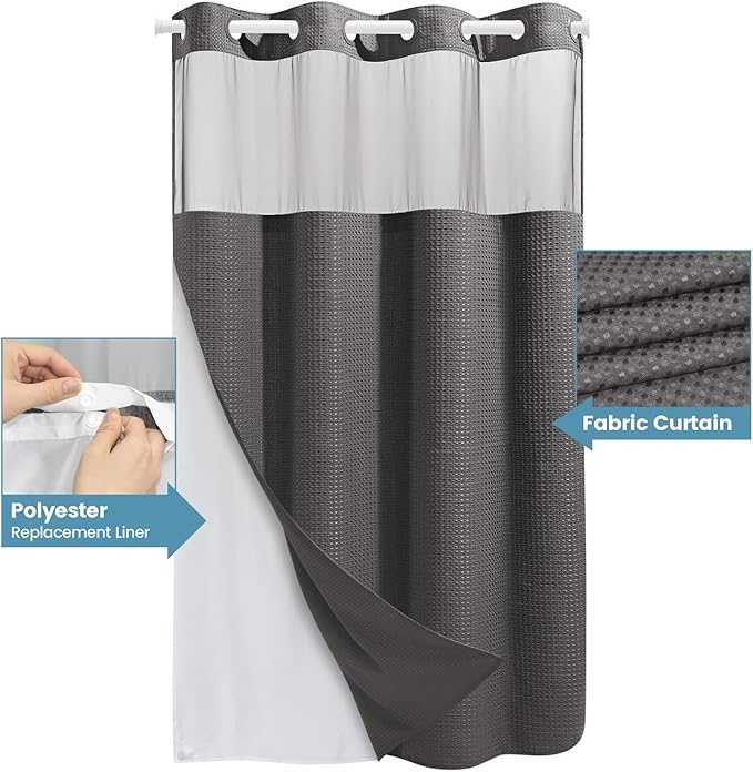 Charcoal Grey Stall No Hook Shower Curtain with Snap in Liner,230GSM Waffle Weave Shower Curtains for Bathroom,54W x 80H