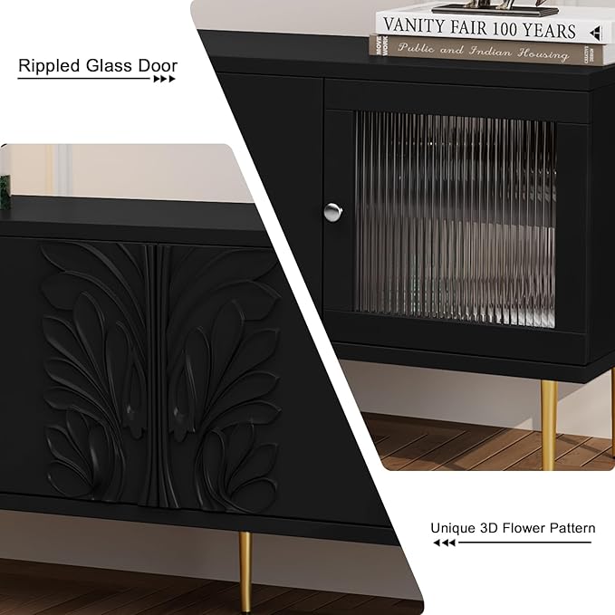 TV Stand for TVs up to 75", Mid Century Modern TV Console with 3D Flower Pattern, Wood Entertainment Center with 2 Fluted Glass Doors, Media Console Table with Storage for Living Room, Black