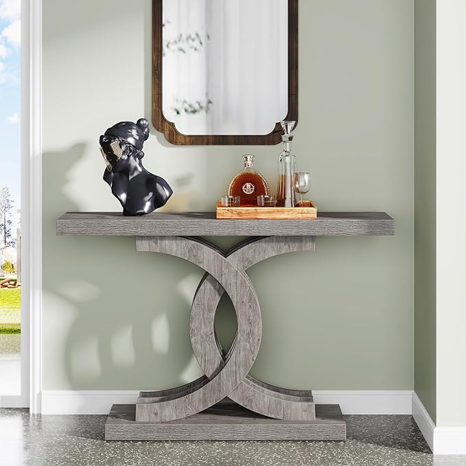 Console Tables Modern Farmhouse 39-inch Entryway Table with Geometric Base, Wooden & Metal Hallway Table for Entrance, Living Room (Grey)