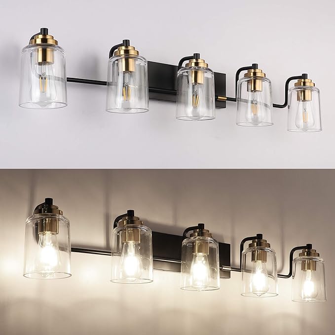 SOLFART Vintage Vanity Lights for Bathroom 5 Light Bathroom Vanity Light Black Metal with Clear Glass Brass Fixtures Wall Mount Lighting Wall Sconce