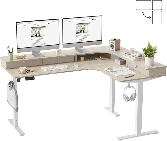 FEZIBO L Shaped Electric Standing Desk, 63 x 48inch Large with Drawers | Reversible Tabletop, 2 Memory Height Settings | Home Office & Gaming Height-Adjustable Table, Light Walnut Top/White Frame