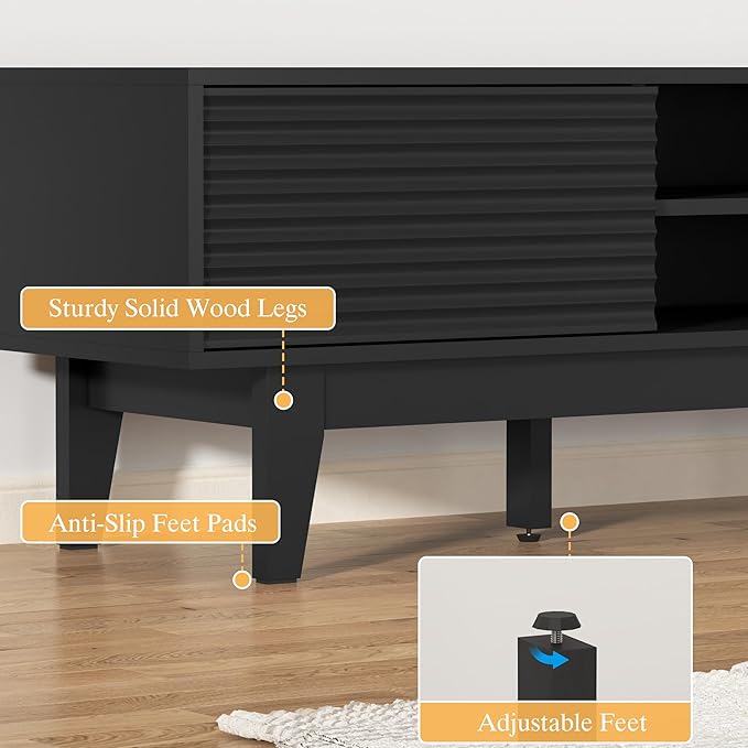 Wooden Fluted TV Stand for 55 65 70 inch TV, Long & Large TV Media Console Table with Storage Cabinets, Boho Farmhouse Entertainment Center for Living Room, Bedroom - Black