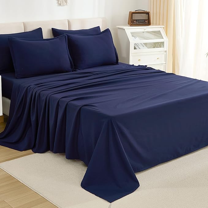 Litanika Full Size Comforter Sets Navy Blue - 7 Pieces Bed in a Bag Full Bedding Comforter Sets, Solid Lightweight Bed Set with Comforter, Sheets, Pillowcases & Shams