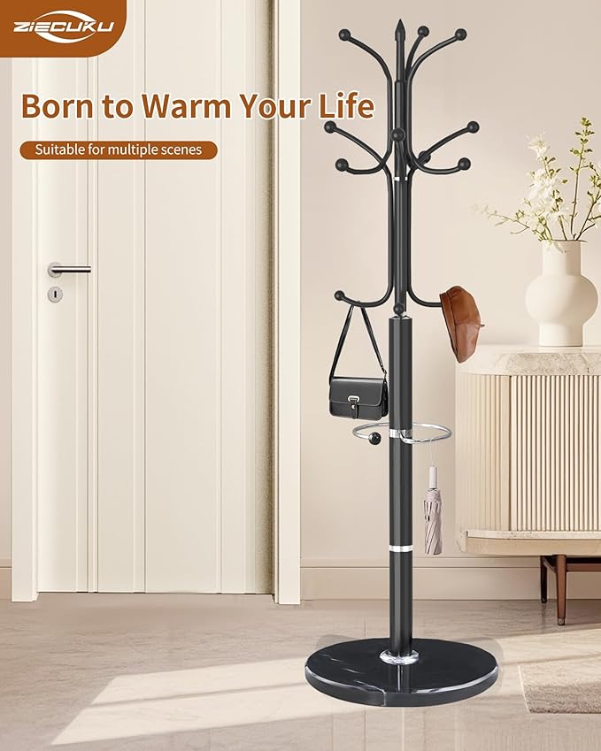 Metal Coat Rack with Natural Marble Base, Coat Rack Stand with 12 Hooks & Umbrella Holder, Black Modern Freestanging Coat Racks, Coat Jacket Hanger Tree Stand for Corner Entryway Office